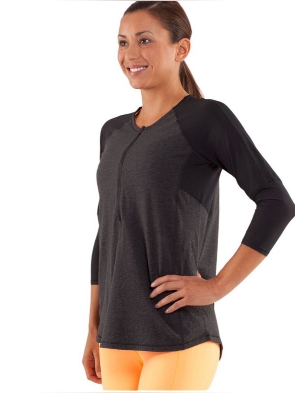 Lululemon Spin City Dark Heather Gray black 3/4 Sleeve 1/2 zip size 6/8